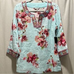 New with tags! John Mark Floral Tunic - Aqua and Rose